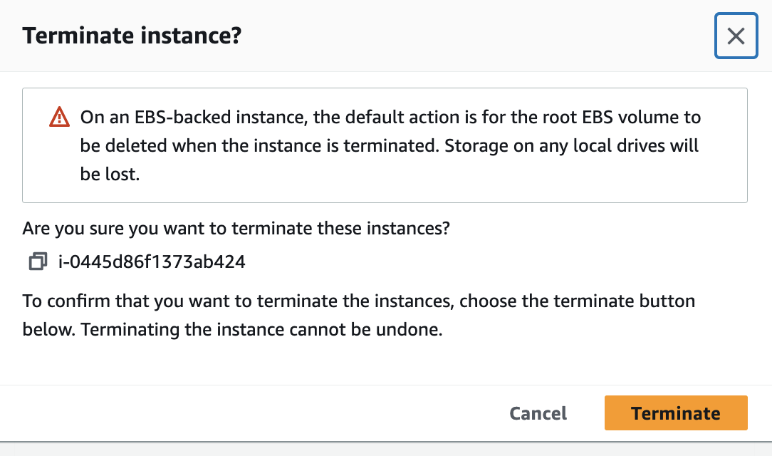 Confirm Terminate Instance on EC2 Dashboard
