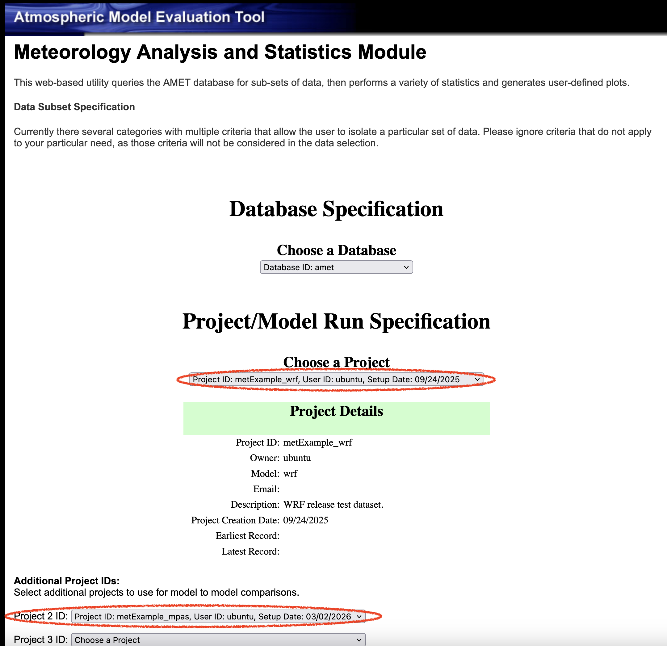 AMET Meteorology Website Select Database and Project