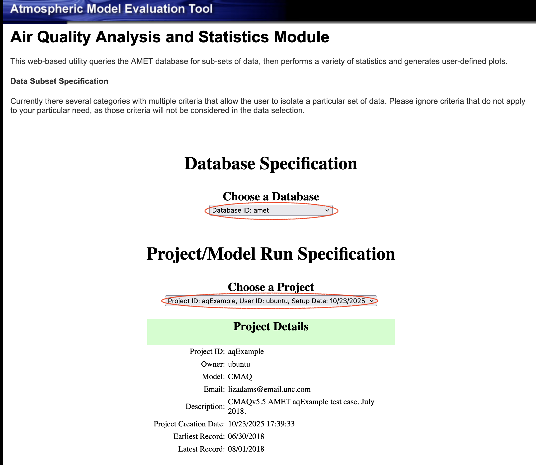 AMET Website Select Database and Project