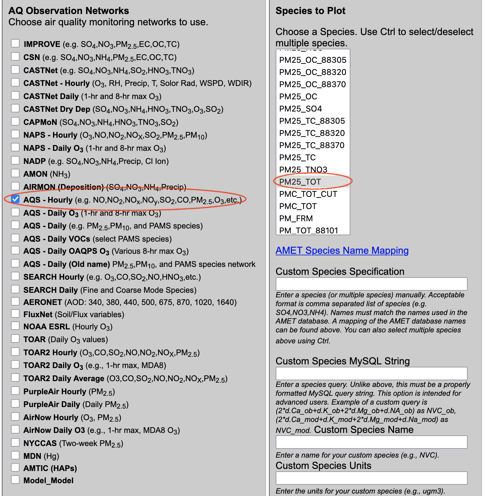 AMET Website Select Obs Network and Species
