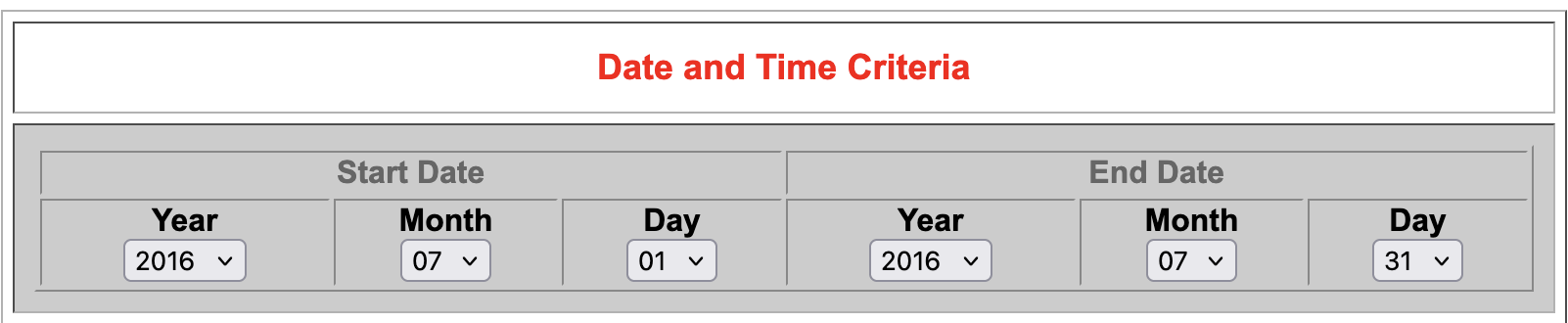 AMET Website Select Date and Time Criteria for metExample projects
