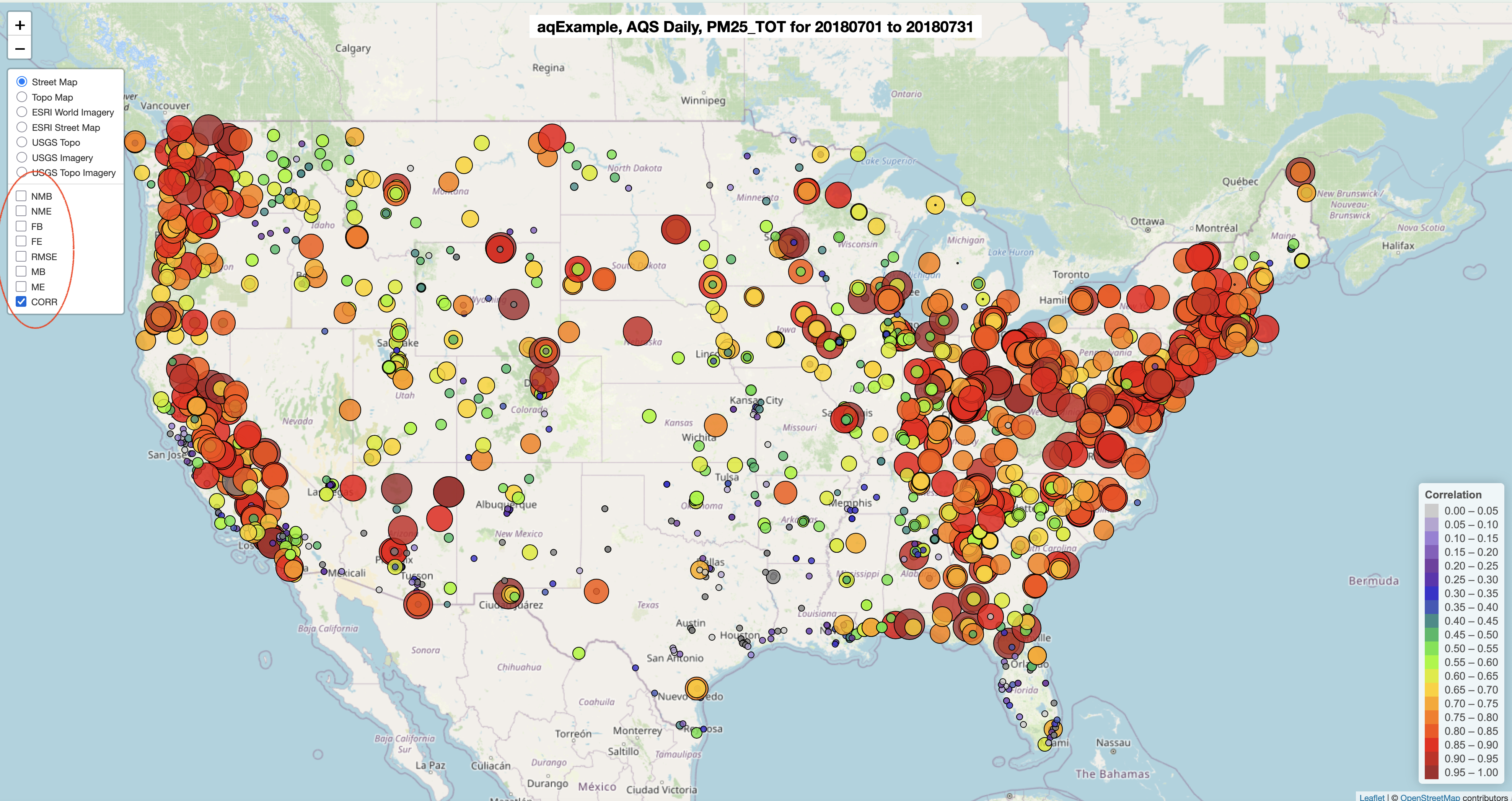 AMET PM25_TOT Corr Spatial Plot