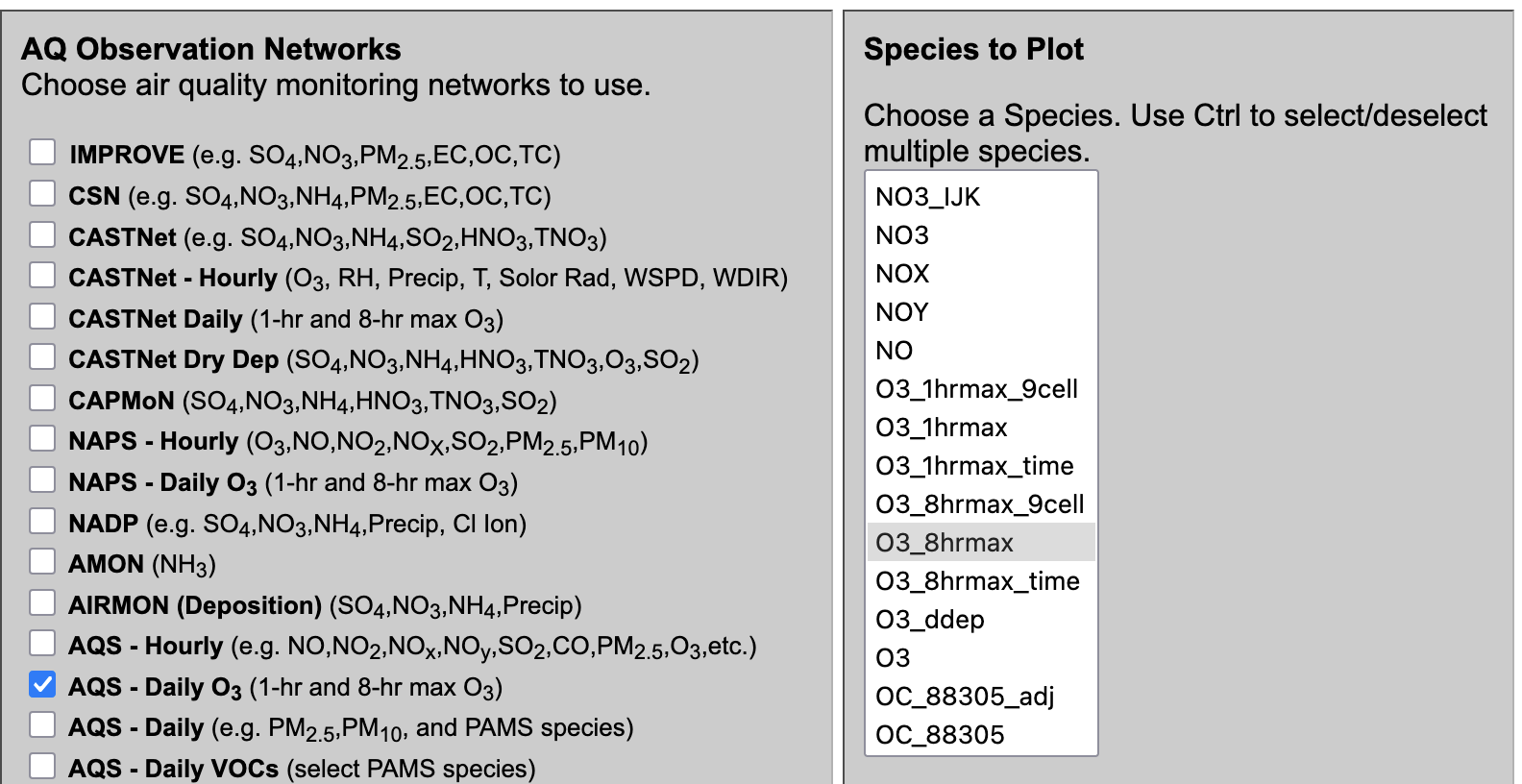AMET Website Select Obs Network and Species