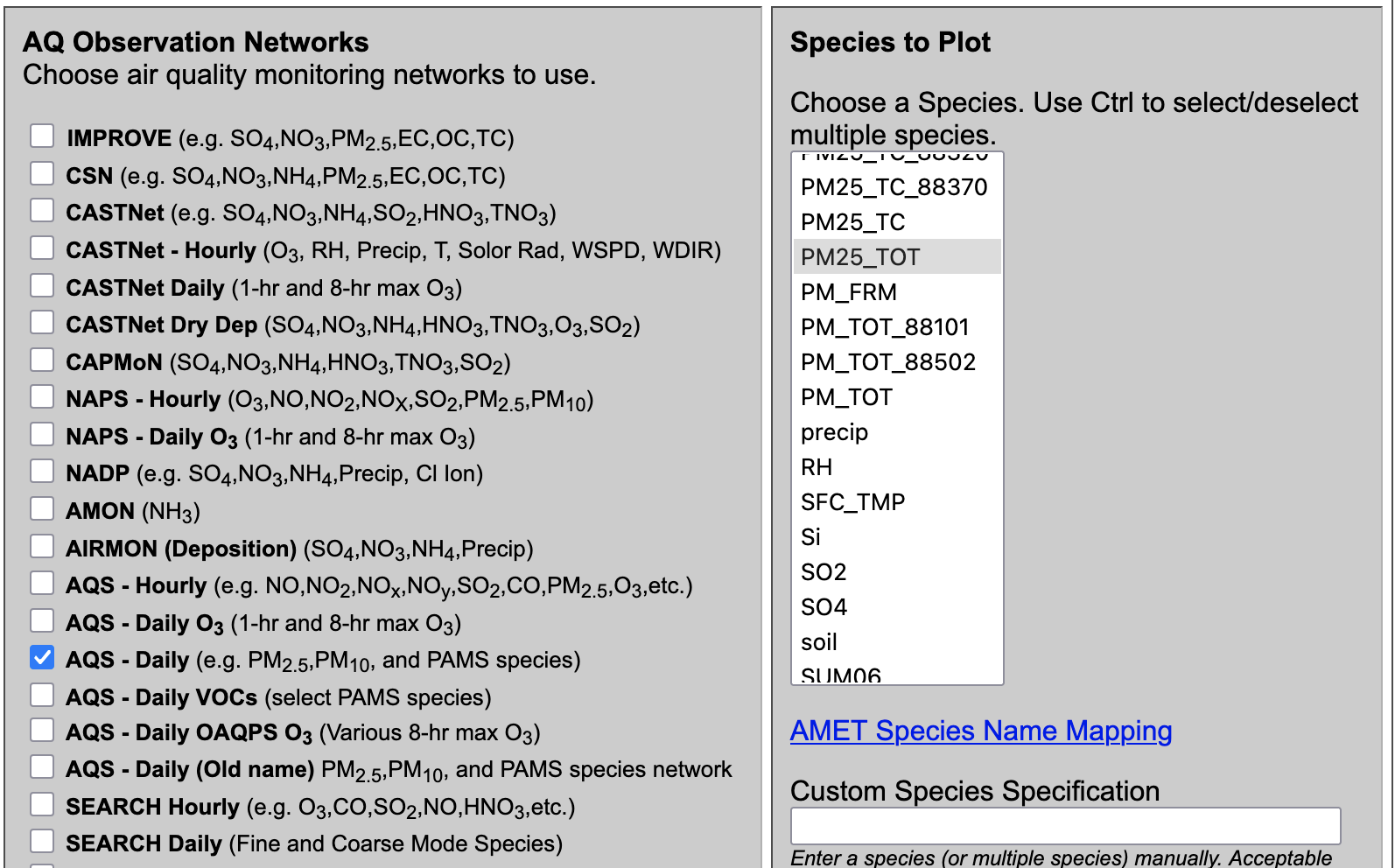 AMET select AQS Daily and PM25_TOT