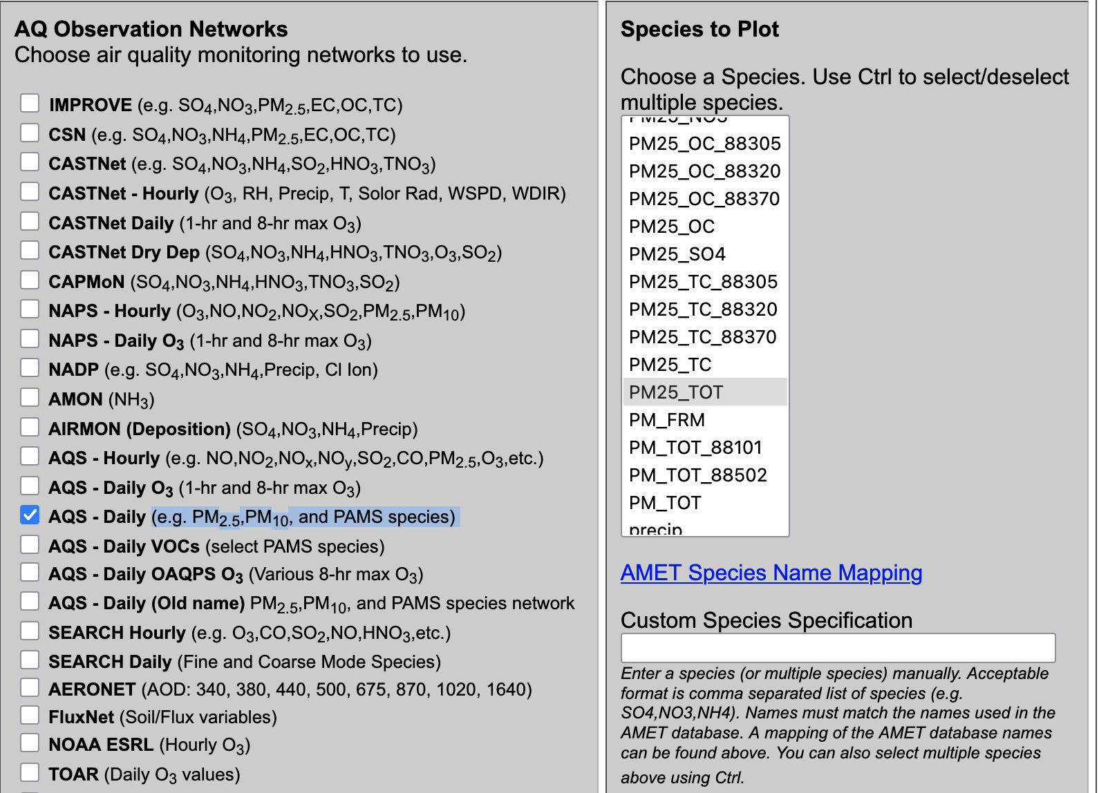 AMET select AQS Daily and PM2.5_TOT