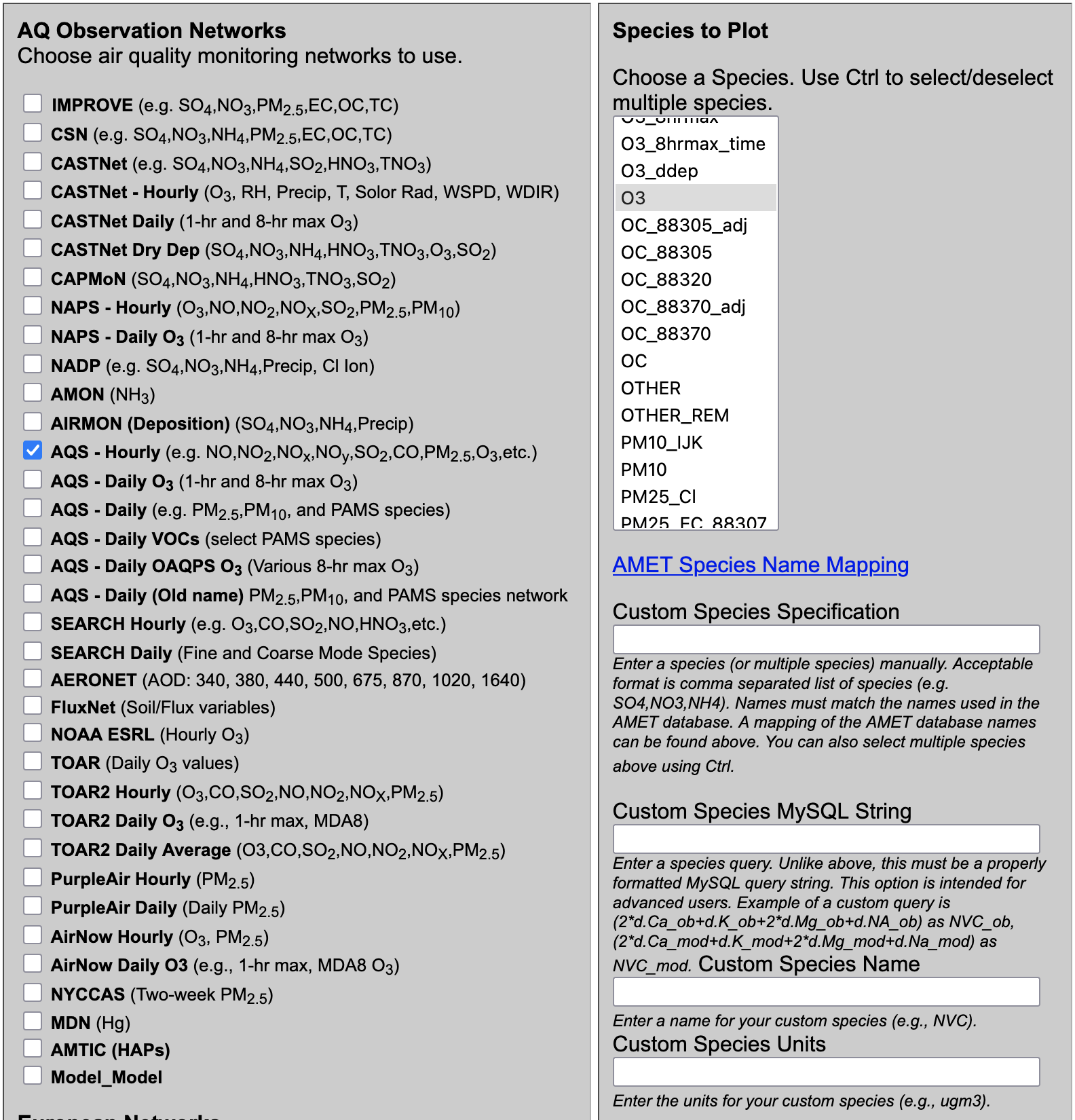 AMET Website Select Obs Network and Species