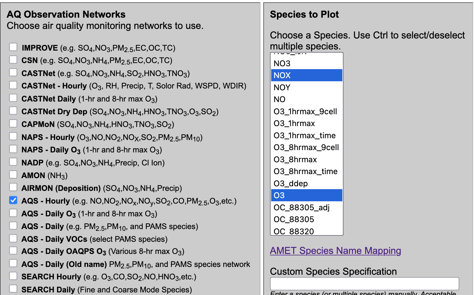 AMET select AQS Hourly and Multispecies