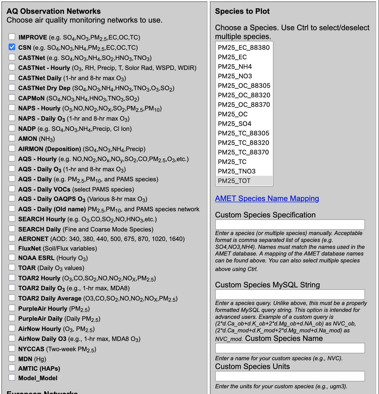 AMET Website Select Obs Network and Species