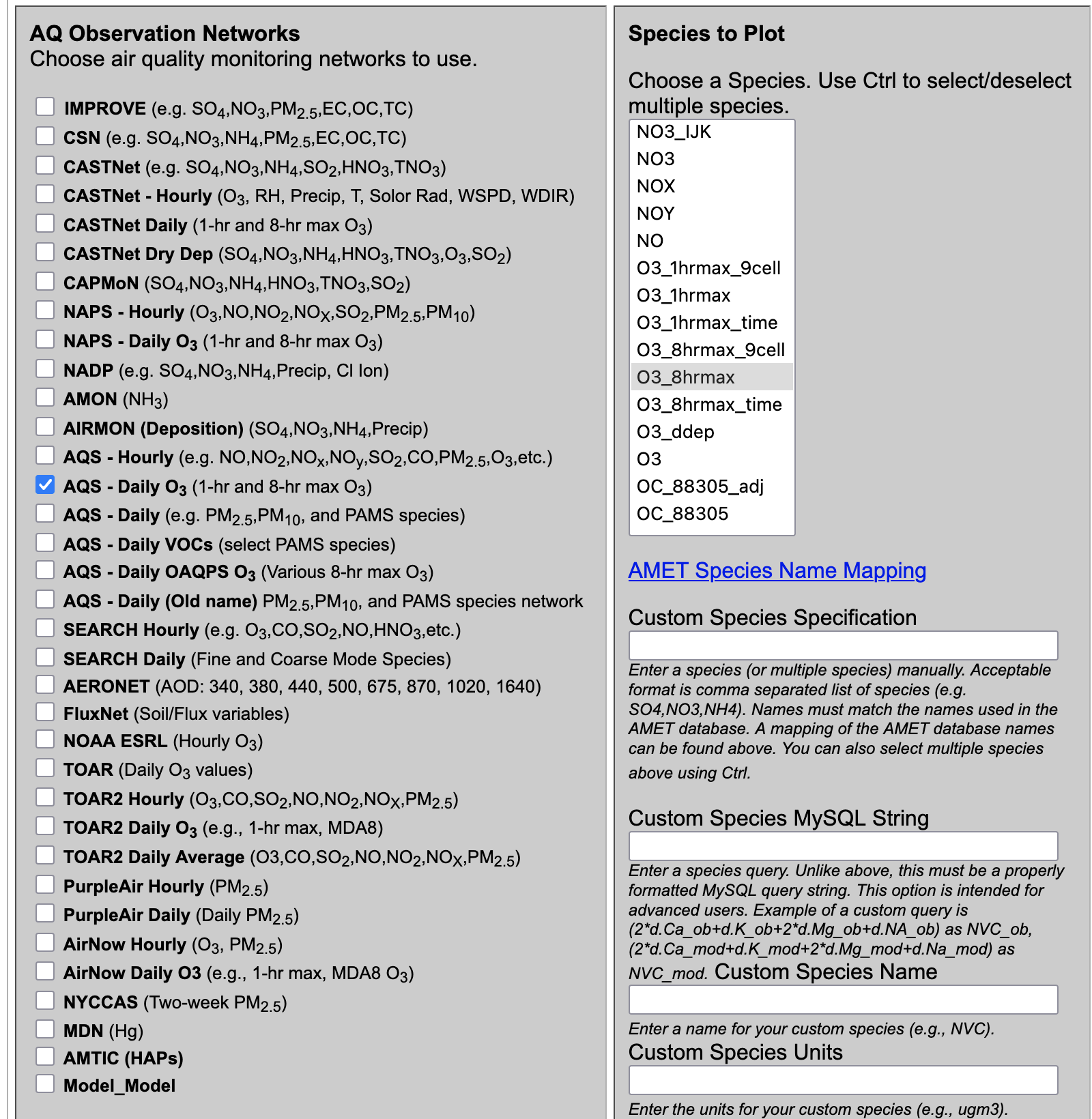 AMET Website Select Obs Network and Species
