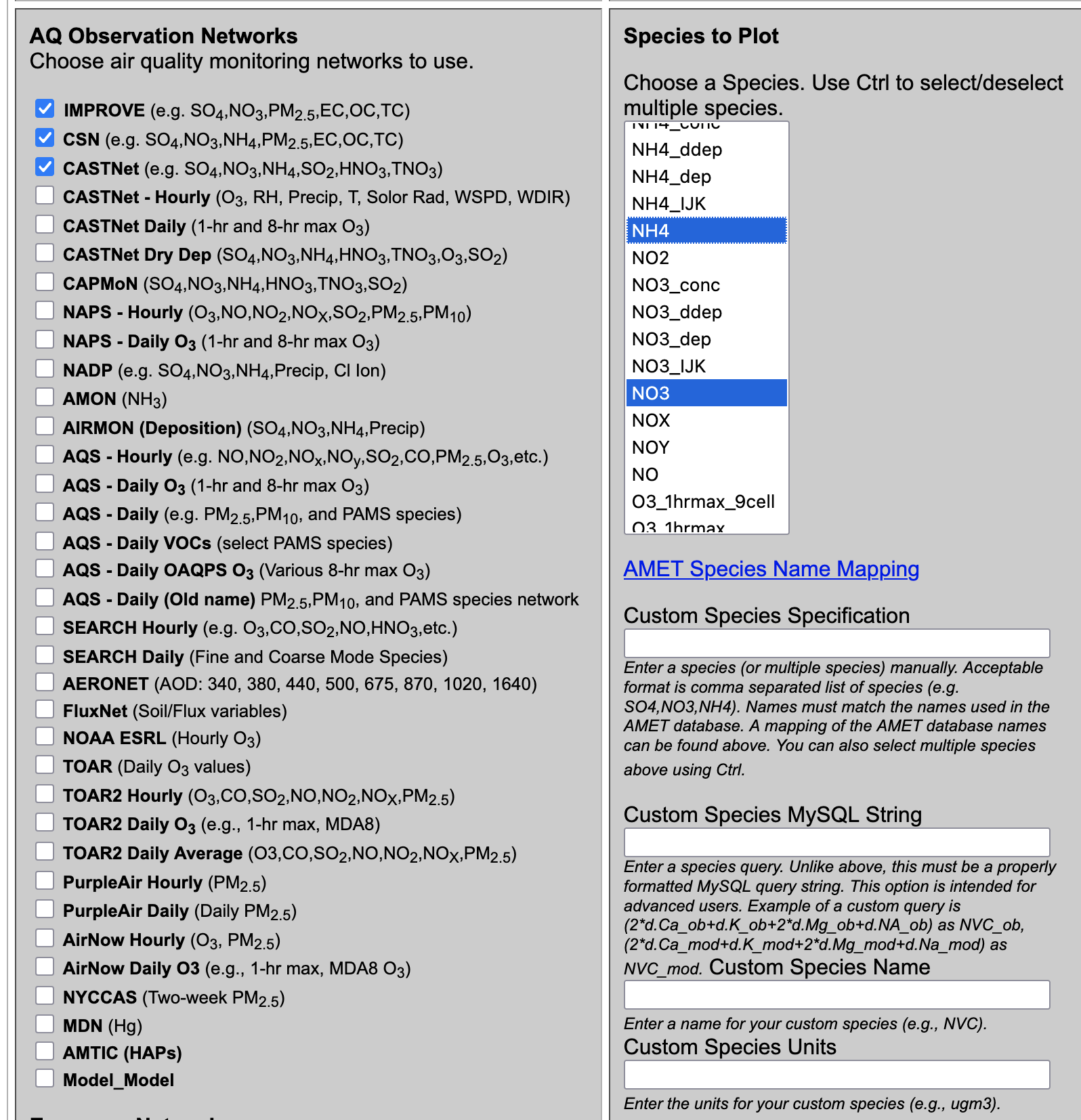 AMET Website Select Obs Network and Species
