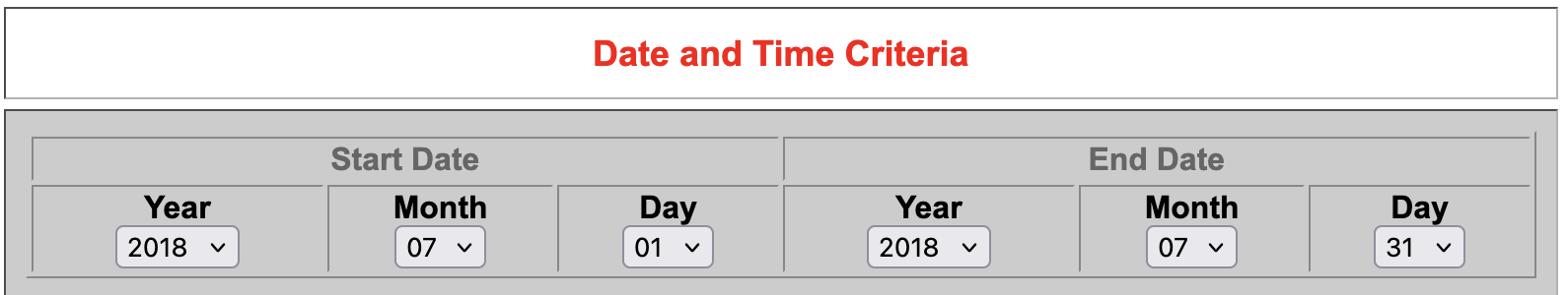 AMET Website Select Date and Time Criteria