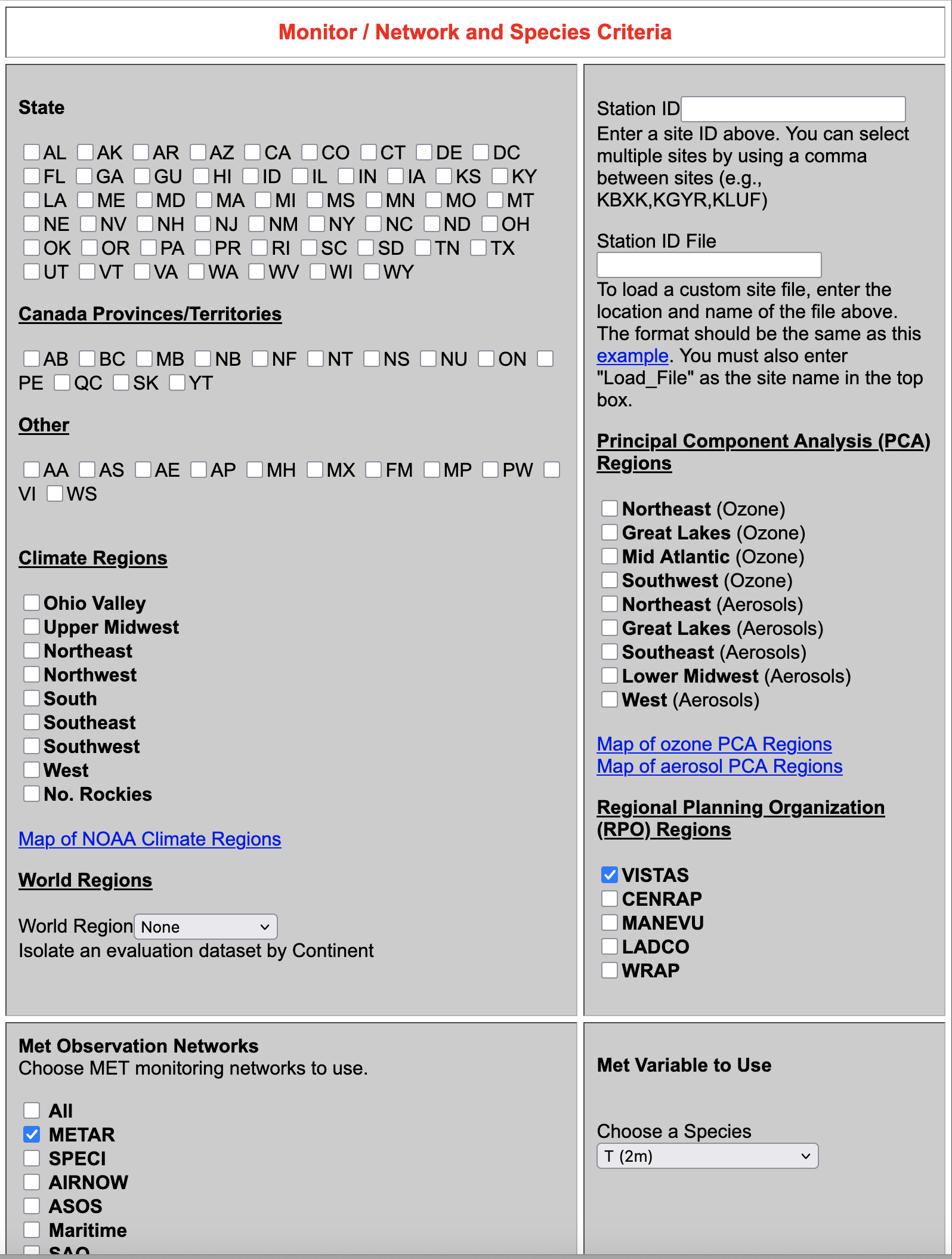 AMET Website Select Obs Network and Species