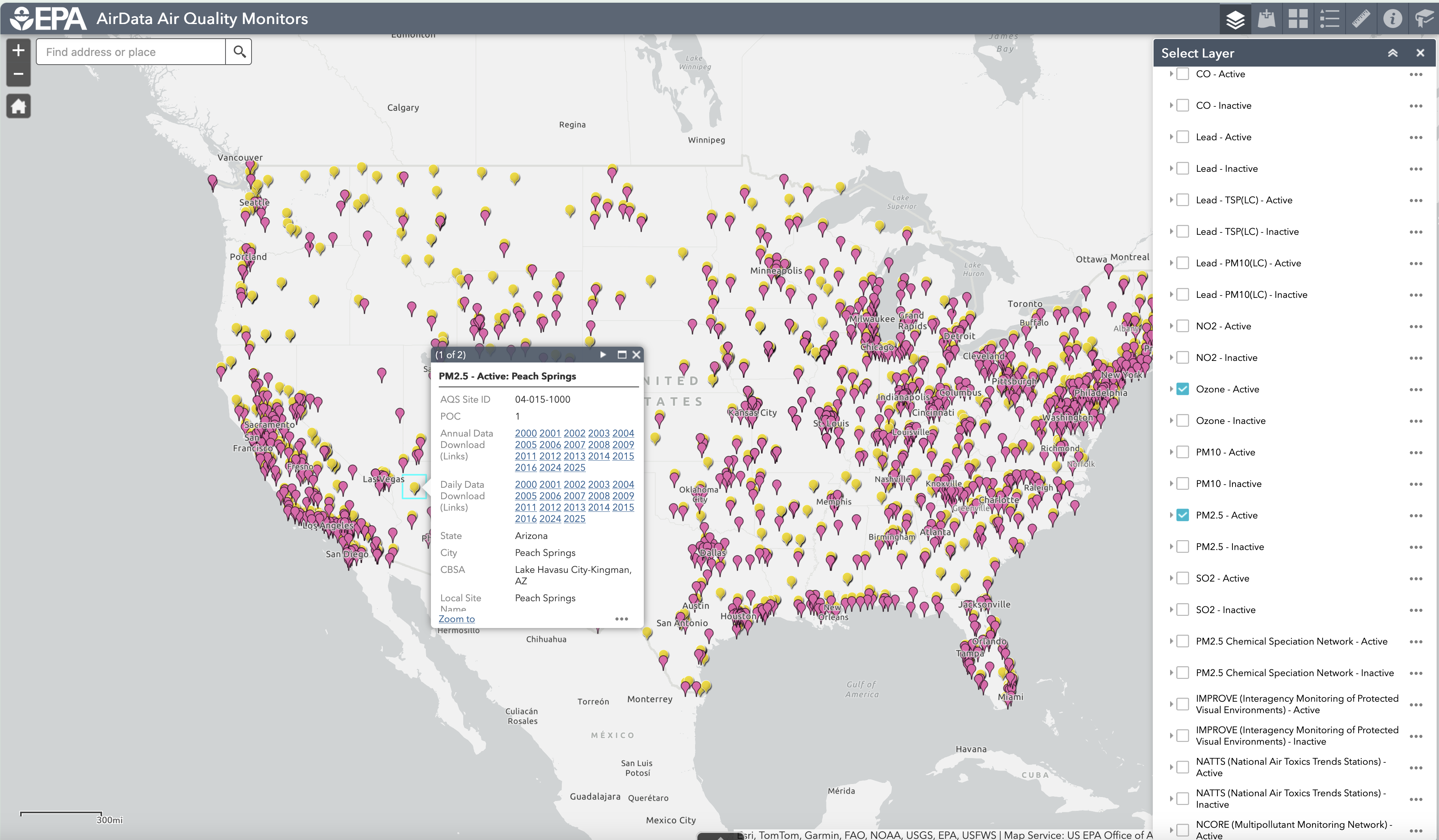 Map of EPA AirData Air Quality Monitors for O3 and PM2.5