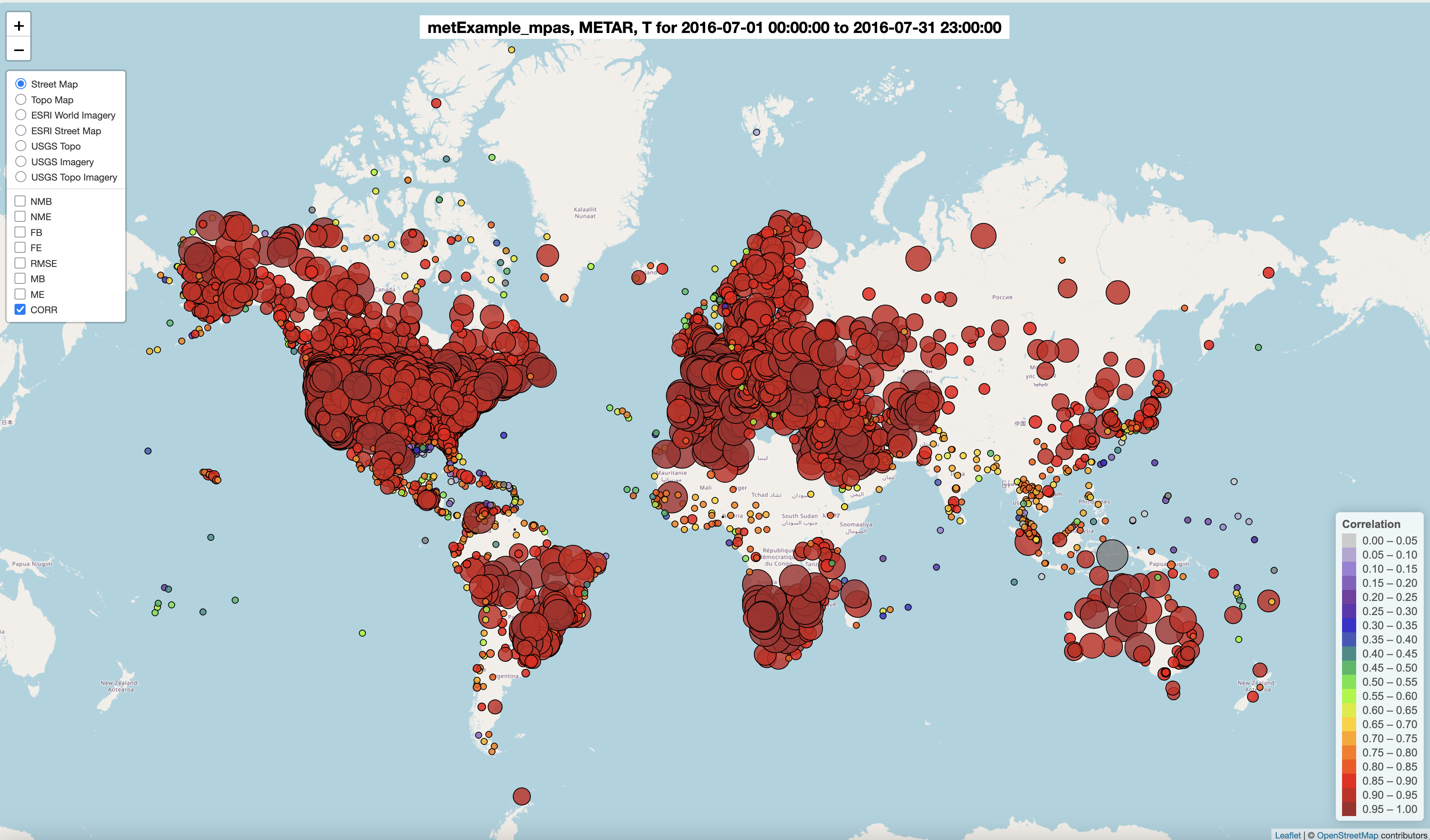 Spatial Plot of 2m Temperature Model/Observations Corr