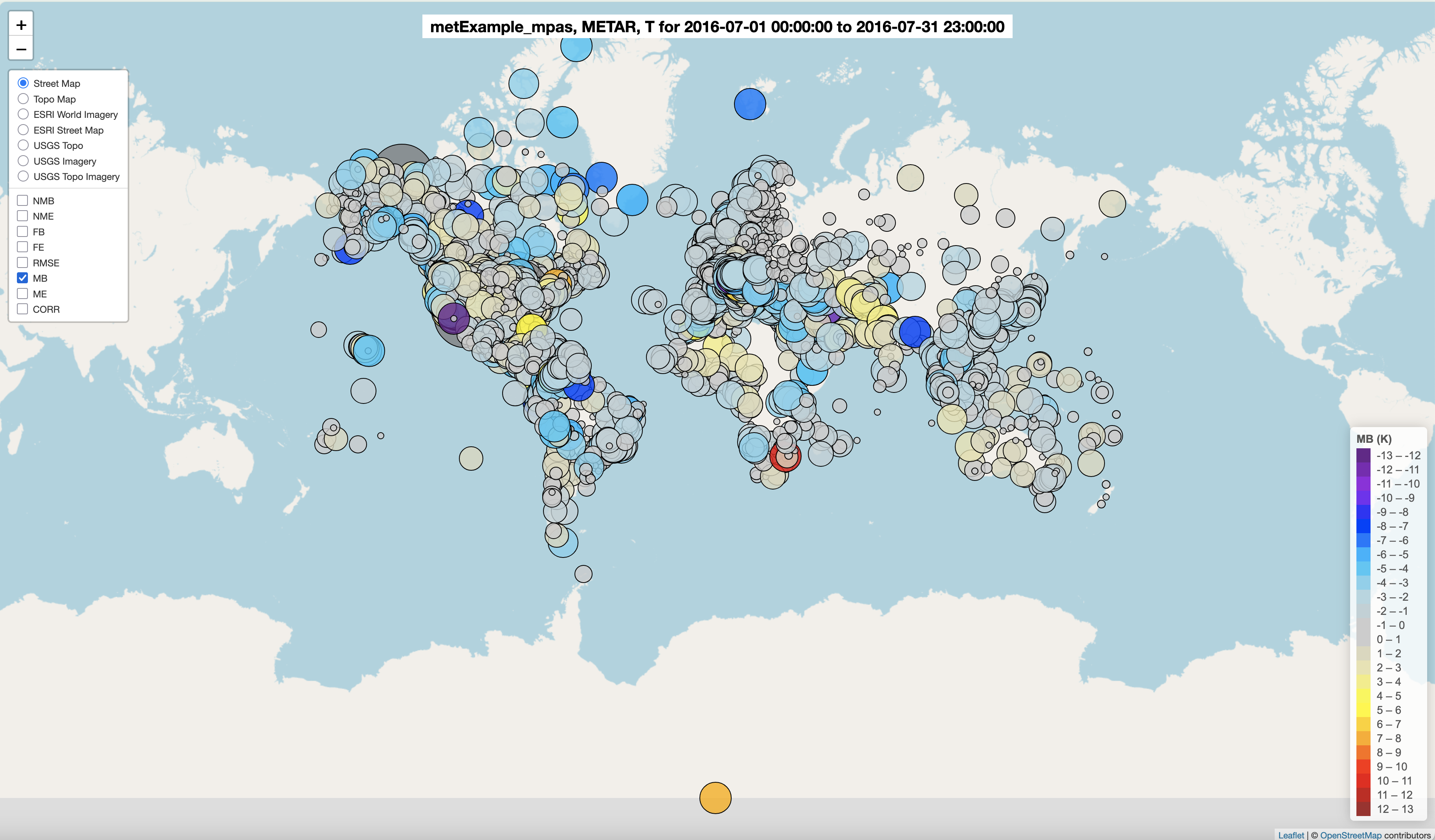 Spatial Plot of 2m Temperature Model/Observations MB