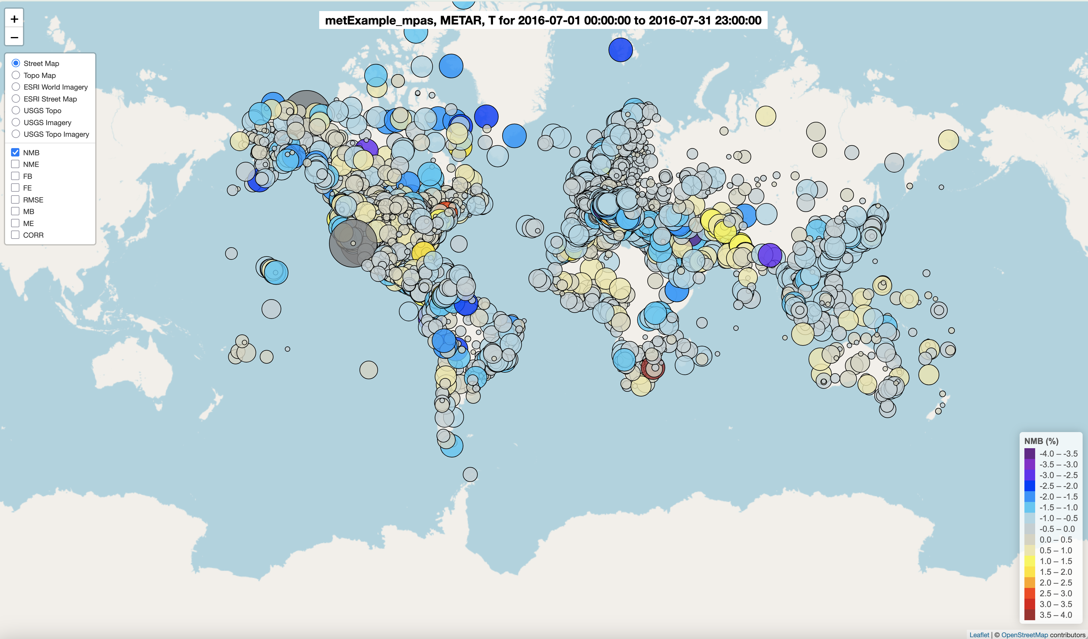 Spatial Plot of 2m Temperature Observations/Model NMB