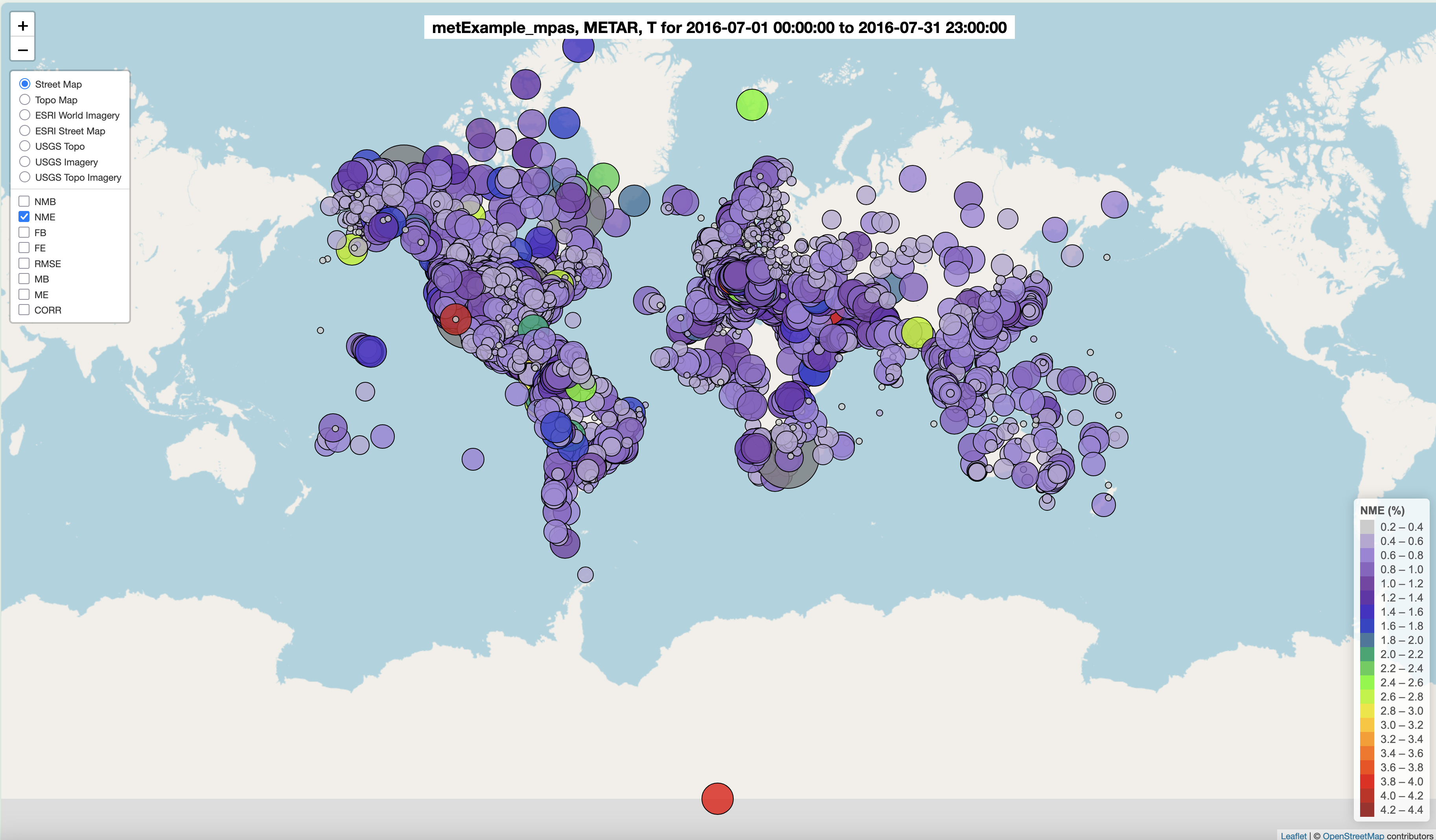 Spatial Plot of 2m Temperature Observations/Model NME